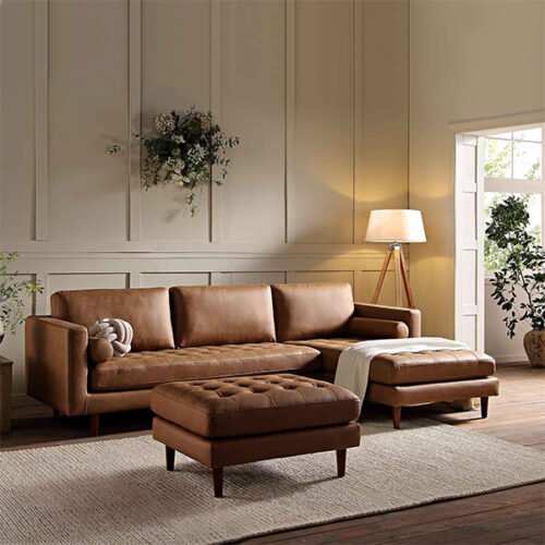 Henrietta Grand 4 Seater RHF Chaise End Sofa Tan Faux Suede